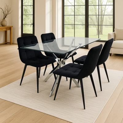 Modern Rectangle Glass Dining Table Set With 4 Black Velvet Chairs ...