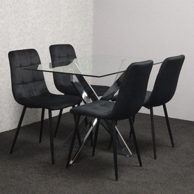 Modern Rectangle Glass Dining Table Set With 4 Black Velvet Chairs ...
