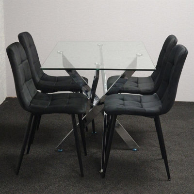 Modern Rectangle Glass Dining Table Set With 4 Black Velvet Chairs ...
