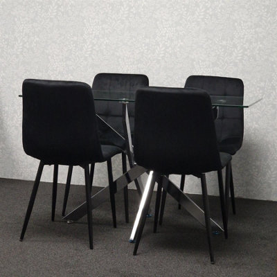 Modern Rectangle Glass Dining Table Set With 4 Black Velvet Chairs ...