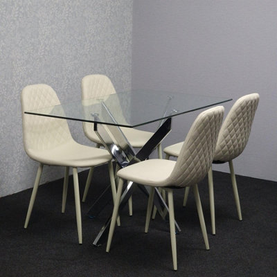 Modern Rectangle Glass Dining Table Set With 4 Cream Gem Pattern Chairs ...
