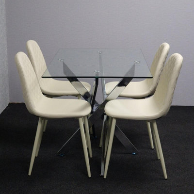 Modern Rectangle Glass Dining Table Set With 4 Cream Gem Pattern Chairs ...