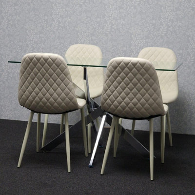 Modern Rectangle Glass Dining Table Set With 4 Cream Gem Pattern Chairs ...