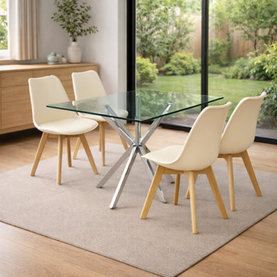 Modern Rectangle Glass Dining Table Set With 4 Cream Plastic Chairs ...