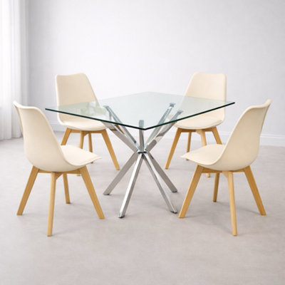 Modern Rectangle Glass Dining Table Set With 4 Cream Plastic Chairs ...