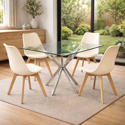 Modern Rectangle Glass Dining Table Set With 4 Cream Plastic Chairs ...