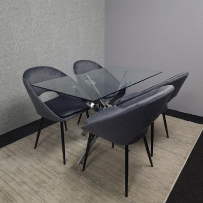 Modern Rectangle Glass Dining Table Set With 4 Grey Velvet Chairs ...