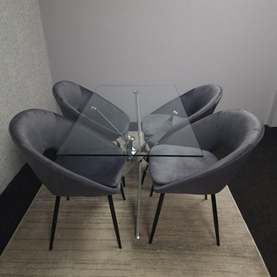 Modern Rectangle Glass Dining Table Set With 4 Grey Velvet Chairs ...