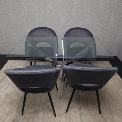 Modern Rectangle Glass Dining Table Set With 4 Grey Velvet Chairs ...