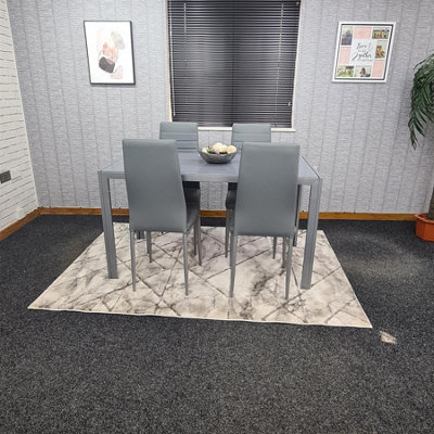 Modern Rectangle Grey Glass Dining Table Set With 4 Grey Metal Chairs ...