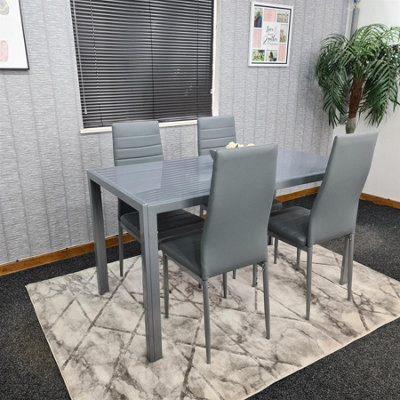 Modern Rectangle Grey Glass Dining Table Set With 4 Grey Metal Chairs ...
