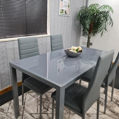 Modern Rectangle Grey Glass Dining Table Set With 4 Grey Metal Chairs ...