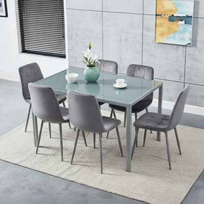 Modern Rectangle Grey Glass Dining Table Set With 6 Grey Velvet Chairs ...
