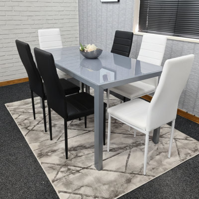 Modern Rectangle Grey Glass Dining Table Set With 6 MIx Colour Metal ...