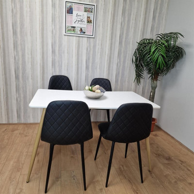 Modern Rectangle White Dining Table Set With 4 Black Gem Pattern Chairs ...