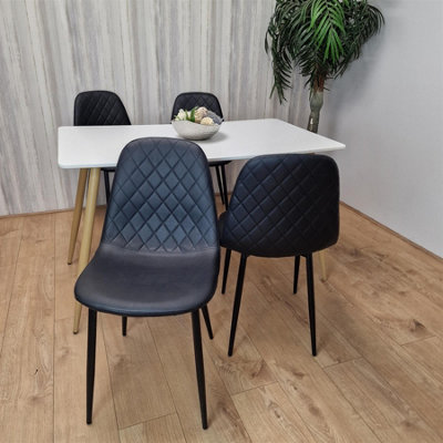 Modern Rectangle White Dining Table Set With 4 Black Gem Pattern Chairs ...