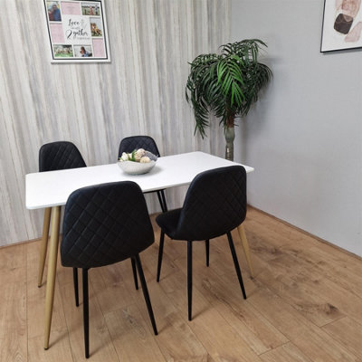 Modern Rectangle White Dining Table Set With 4 Black Gem Pattern Chairs ...