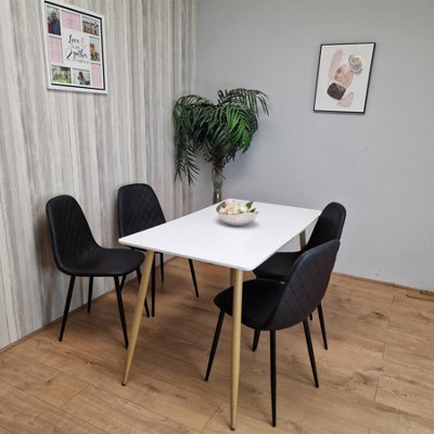 Modern Rectangle White Dining Table Set With 4 Black Gem Pattern Chairs ...