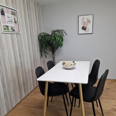 Modern Rectangle White Dining Table Set With 4 Black Gem Pattern Chairs ...