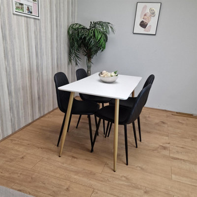 Modern Rectangle White Dining Table Set With 4 Black Gem Pattern Chairs ...