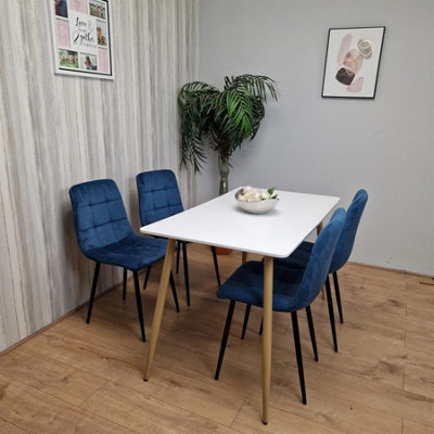 Modern Rectangle White Dining Table Set With 4 Blue Velvet Chairs ...