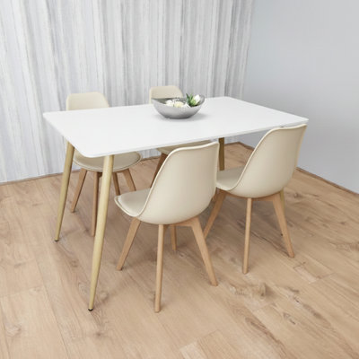 Modern Rectangle White Dining Table Set With 4 Cream Plastic Chairs ...