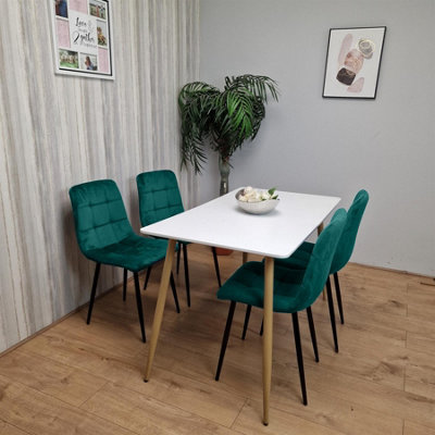 Modern Rectangle White Dining Table Set With 4 Green Velvet Chairs ...