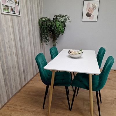 Modern Rectangle White Dining Table Set With 4 Green Velvet Chairs ...