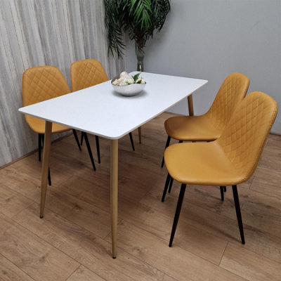 Modern Rectangle White Dining Table Set With 4 Mustard Chairs Dining ...