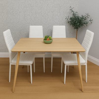 Modern Rectangle Wood Effect Dining Table Set With 4 White Faux Leather ...