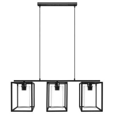 Modern Rectangular Ceiling Lantern Pendant Light Black Frame Clear Glass 3 Light H3051