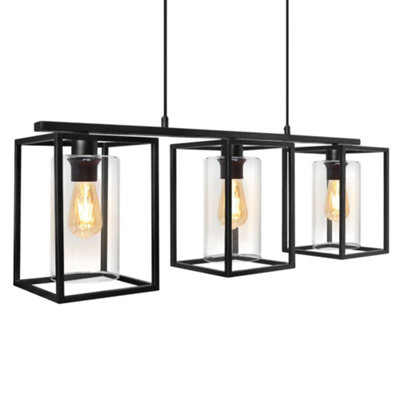 Modern Rectangular Ceiling Lantern Pendant Light Black Frame Clear Glass 3 Light H3051