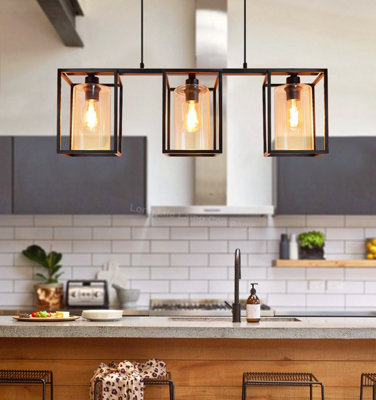 Modern Rectangular Ceiling Lantern Pendant Light Black Frame Clear Glass 3 Light H3051