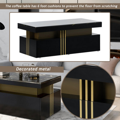 Modern Rectangular Coffee Table with PVC Pattern Top and 2 Wooden ...