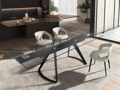 Modern Rectangular Extendable Dining Table in Tempered Glass and Black ...