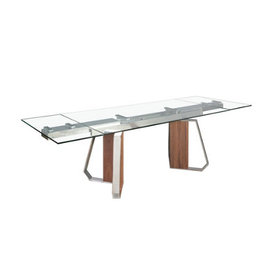 Modern Rectangular Extendable Dining Table with Glass Top and Walnut Legs