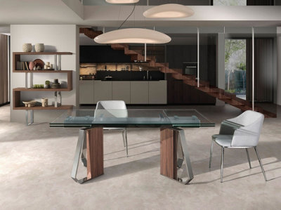 Modern Rectangular Extendable Dining Table with Glass Top and Walnut Legs