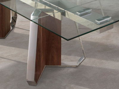 Modern Rectangular Extendable Dining Table with Glass Top and Walnut Legs
