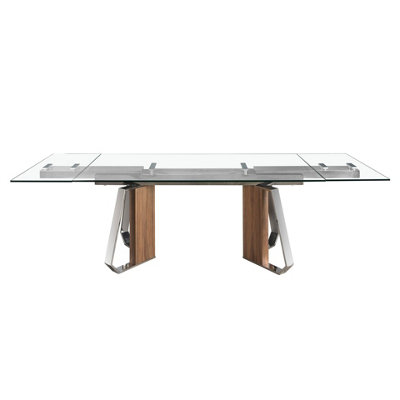 Modern Rectangular Extendable Dining Table with Glass Top and Walnut Legs