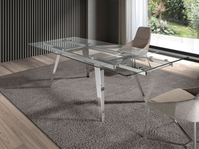 Modern Rectangular Extending Dining Table in Tempered Glass and Chrome ...