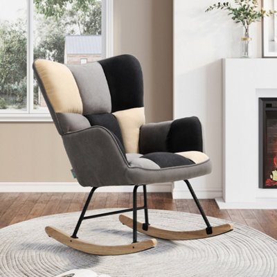 Modern Rocking Chair Tufted Linen Upholstered Chair for Living Room Bedroom Office