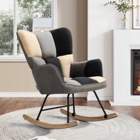 Modern Rocking Chair Tufted Linen Upholstered Chair for Living Room Bedroom Office