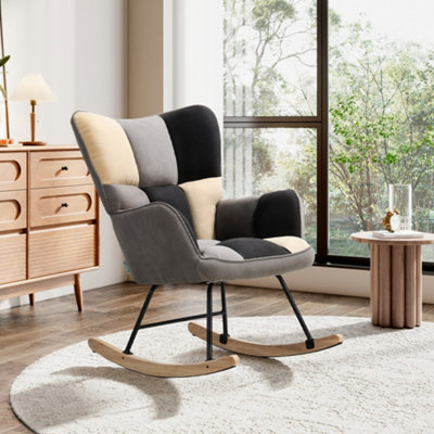 Modern Rocking Chair Tufted Linen Upholstered Chair for Living Room Bedroom Office