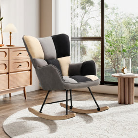 Modern Rocking Chair Tufted Linen Upholstered Glider Rocker Padded Seat Accent Chair for Living Room Bedroom Offices