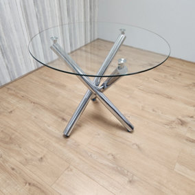Modern Round Chrome Metal and Clear Glass Kitchen Dining Table Only