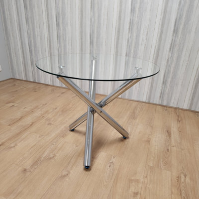 Modern Round Chrome Metal and Clear Glass Kitchen Dining Table Only
