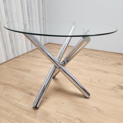 Modern Round Chrome Metal and Clear Glass Kitchen Dining Table Only