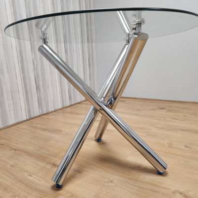 Modern Round Chrome Metal and Clear Glass Kitchen Dining Table Only