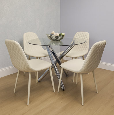 Modern Round Clear Glass Dining Table Set with 4 Cream Chairs Dining ...