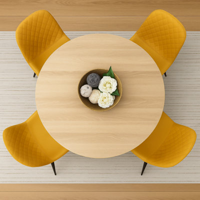 Modern Round Dining Table Set With 4 Mustard Faux Leather Chairs Dining ...